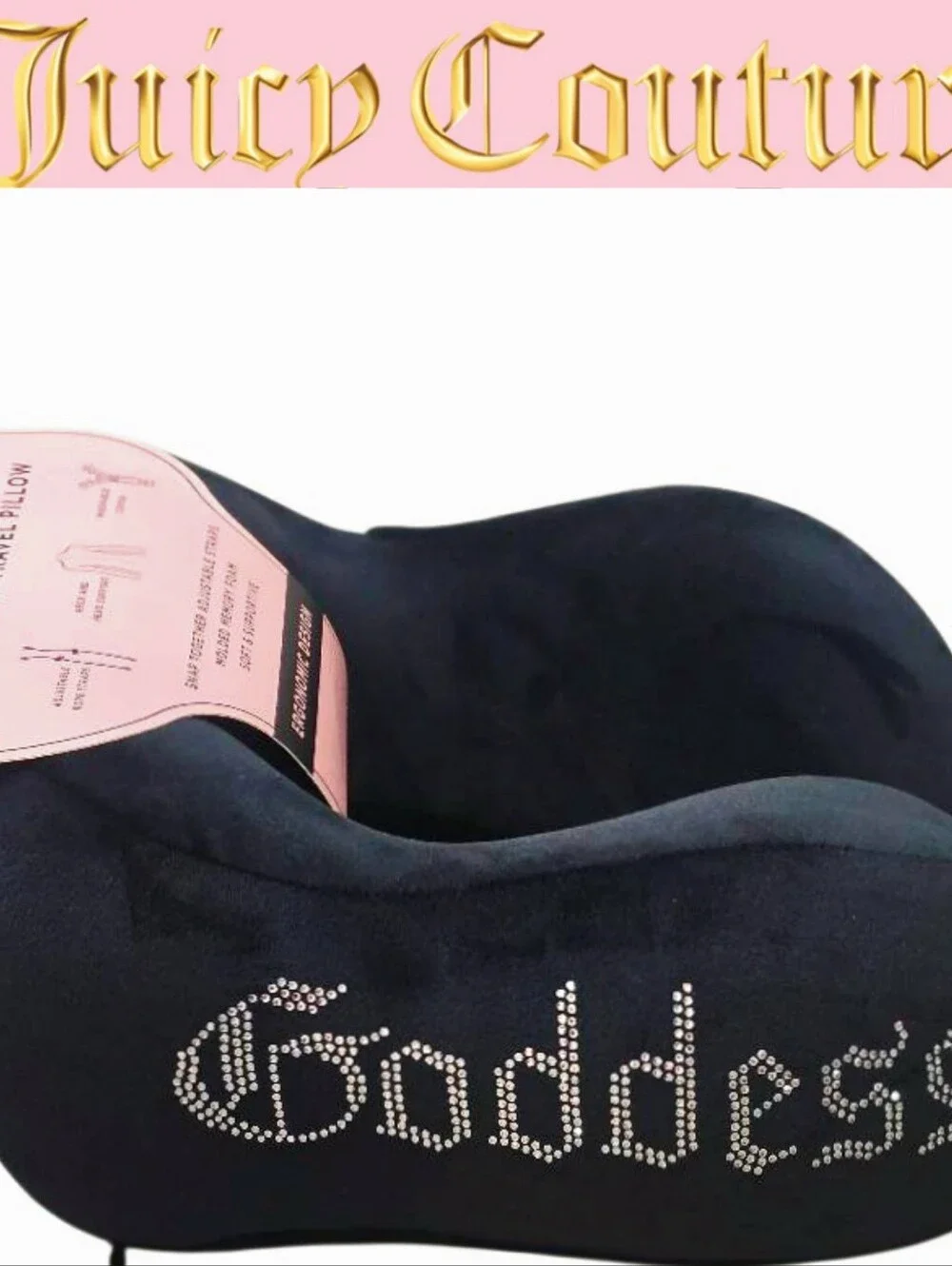 Juicy Couture Home Rhinestone Goddess Memory Foam Travel Pillow- Black